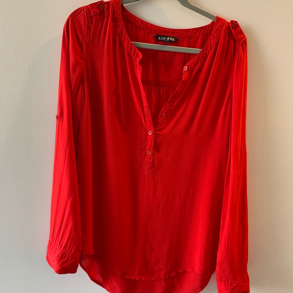 Express Red Silky Long Rollup sleeve top